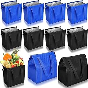 Locmeo 10 Pcs Insulated Bags Large Shopping Insulated Reusable Grocery Bags Thermal Cooler Bag Insulated Tote Bags with Zippered Top for Hot Cold Food Delivery Refrigerator Pizza, Blue and Black Cold Bag, Insulated Tote Bag, Picnic Accessories, Grocery Tote Bag, Cold Food, Insulated Bags, Grocery Bags, Grocery Tote, Cooler Bag