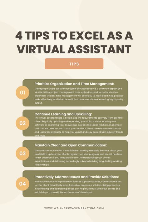 Unlock the secrets to becoming an outstanding Virtual Assistant! 🌿 Dive into our top tips and strategies to elevate your VA skills, optimize your workflow, and deliver unparalleled service to your clients. Whether you’re a seasoned professional or just starting, these insights will empower you to enhance productivity, manage time efficiently, and stay ahead in the competitive virtual space. Start your journey to VA excellence! #VirtualAssistant #VATips #ProductivityHacks #SuccessStrategies Virtual Assistant For Beginners, Virtual Assistant Tips, Manage Time, Virtual Assistant Jobs, Project Management Tools, Virtual Assistant Services, Productivity Hacks, Remote Jobs, Virtual Assistant