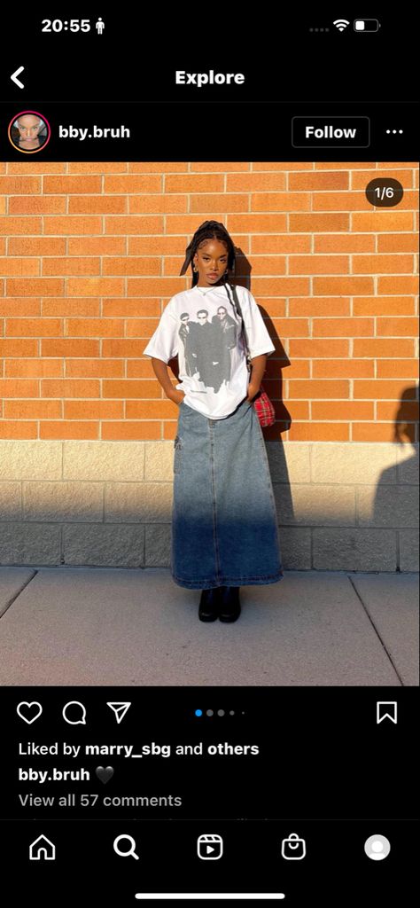 Long Demin Skirt Outfit Y2k, Baggy Top And Skirt, Long Denim Skirt Grunge, 90s Fashion Long Skirt, Styling Maxi Jean Skirt, Long Denim Cargo Skirt Outfit, Long Skirt And Tee Shirt Outfit, Long Denim Skirt Outfits For Summer, Maxi Denim Skirt Outfit Street Style