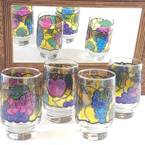 Vintage 12oz Libbey STAINED GLASS Fruit Tumbler Set of 4 Stained Glass Fruit, Cursive L, Bubble Paper, Glass Fruit, Packing Peanuts, Fruit Pattern, Holiday Themes, Yellow Background, Stained Glass