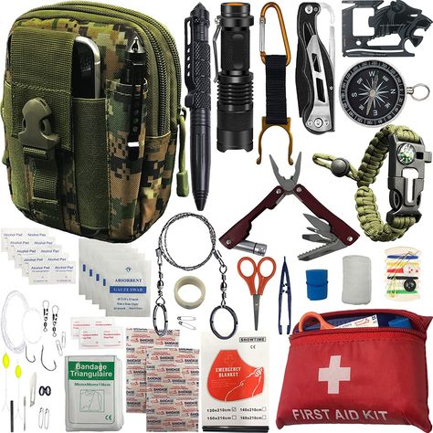 Emergency Survival kits, 65 pcs in 1 Survival Gears with First Aid Compass Knife Tactical Tools Cool Gadgets for Outdoor Camping Hiking Biking Home Gifts Ideas for Men Husband Boyfriend Dad Father Boy Survival Gadgets, Camping Gear Survival, Camping Safety, Emergency Blanket, Emergency Survival Kit, Camping Kit, Apocalypse Survival, Fishing Kit, Survival Equipment