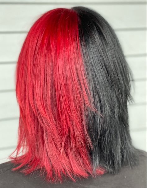 Half red half black hair #hair#spring#splithairideas#splithair #halfandhalfhair#halfandhalf Black And Red Hair Half, Half Red And Half Black Hair, Red And Black Half And Half Hair, Half Black Half Red Hair Short, Split Hair Color Red And Black, Cool Red And Black Hair, Red Split Hair, Black And Red Split Dye Short Hair, Half Red Hair Half Black