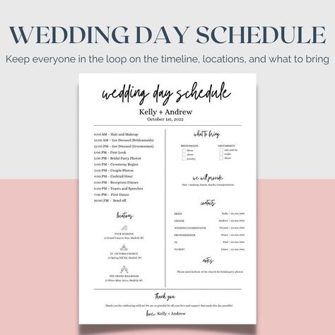 Wedding Day Of Timeline Template | Bridal Party Itinerary Schedule | Details for Bridesmaids and Groomsmen Editable Order of Events Wedding Day Timeline For Bridal Party, Wedding Day Of Timeline, Day Of Wedding Timeline, Wedding Schedule Timeline, Diy Wedding Checklist, Party Schedule, Wedding Day Itinerary, Party Timeline, Thank You Writing