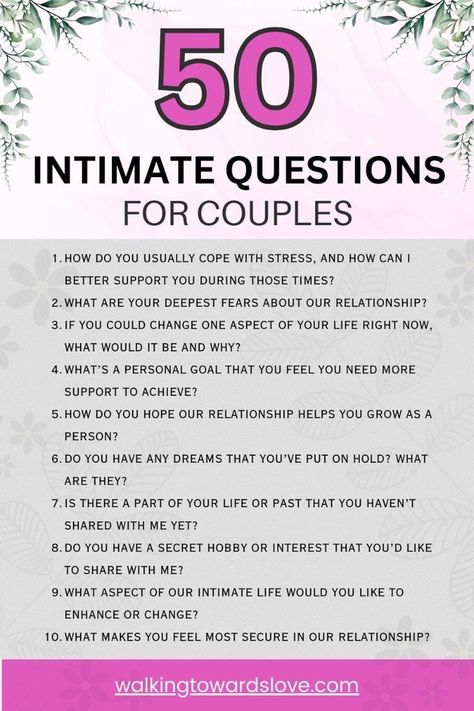 50 intimate questions for couples Deep Couple Questions, New Relationship Questions, Relationship Questions For Him, Deep Questions For Couples, Deep Relationship Questions, Intimate Questions For Couples, Partner Questions, Deep Conversation Topics, Questions For Couples