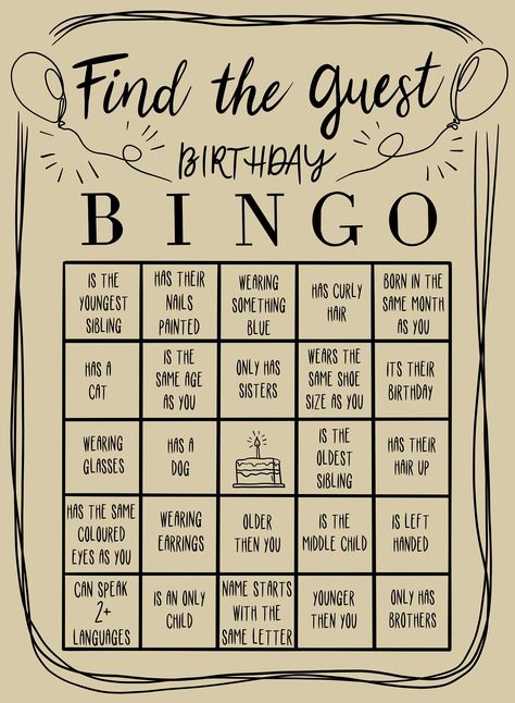 "Find the Guest Bingo - 5 Sheet Icebreaker Game This \"Find the Guest Bingo\" game is a great icebreaker to start off parties and have everyone mingling. Once a person who matches the square is found, have them sign the card to mark it as found. For a shorter game call out BINGO once there is five squares signed in a row of any direction, for a longer game call out BINGO when every square on the card is signed. INCLUDED- PDF files of 5 randomized Find the Guest Bingo Cards (To print at home your 16th Birthday Party Games, Party Games Birthday, Bingo Cards To Print, Easy Birthday Party Games, Birthday Bingo, Find The Guest Bingo, Guest Bingo, Birthday Sleepover Ideas, Free Bingo Cards