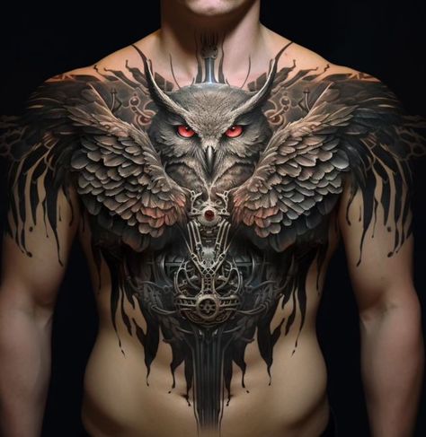 Chest Owl Tattoo, Owl Chest Tattoo Men, Mens Side Tattoos, Owl Tattoo Chest, Shoulder Armor Tattoo, Hamsa Hand Tattoo, Animal Sleeve Tattoo, Armor Tattoo, Back Piece Tattoo