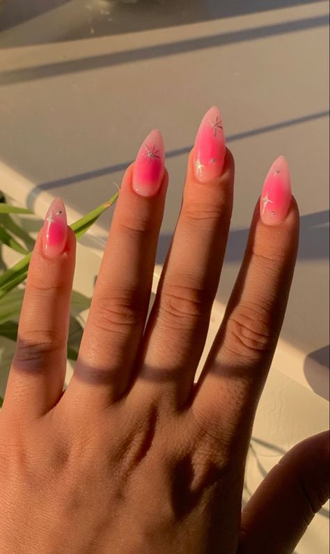 pink aura nails, pink nails, gel nails, acrylic nails, almond nails, stiletto nails, aura nails, aesthetic nails Pink Aura Nails With Gems, Heart Aura Nails, Pink Aura Nails Almond, Nail Inspo 2024 Almond, Juminocore Nails, Birthday Nails Acrylic Coffin, Pink Oval Acrylic Nails, May Birthday Nails, Aura Nails Almond