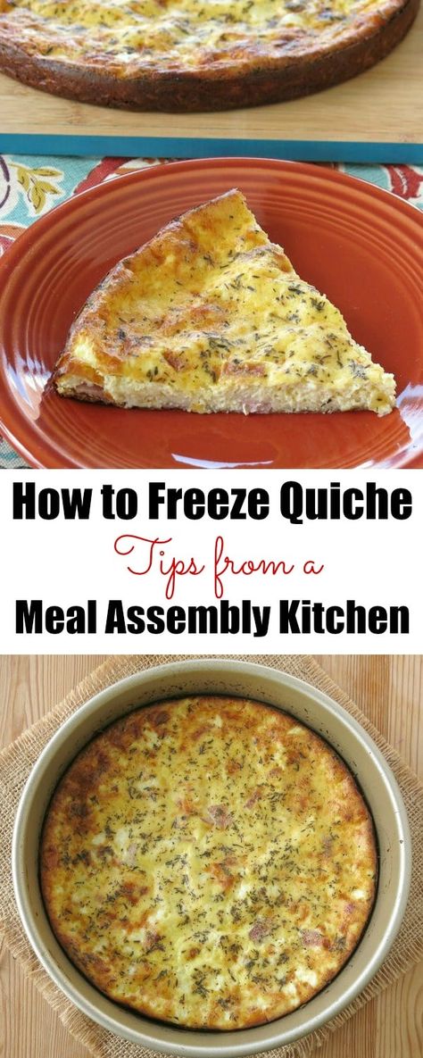 Crustless Quiche with Ham and Cheese is easy to make ahead and freeze. This is the basic recipe from our meal assembly kitchen and the substitution formula for other ingredients plus answers to all the questions we received over the years. #quiche #crustlessquiche #freezermeals #lowcarbrecipes Easy Make Ahead Quiche, Frozen Quiche Recipe, How To Freeze Quiche, Freezable Quiche Recipes, Freezer Quiche Make Ahead, Make Ahead Quiche Recipes, Freezer Quiche, Freezing Quiche, Freeze Quiche