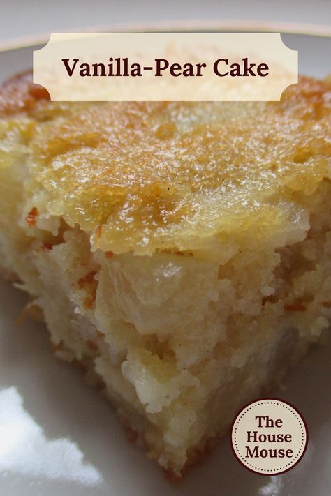 A slice of vanilla-pear cake on a white porcelain plate. Pear Cakes Easy, Canned Pear Cake Recipes, Box Cake Mix With Pears, Pear Desserts Easy, Fresh Pear Cake Recipes Easy, Pear Cake Recipes Easy, Canned Pear Dessert Recipes, Pear Dessert Recipes Easy, Canned Pear Recipes