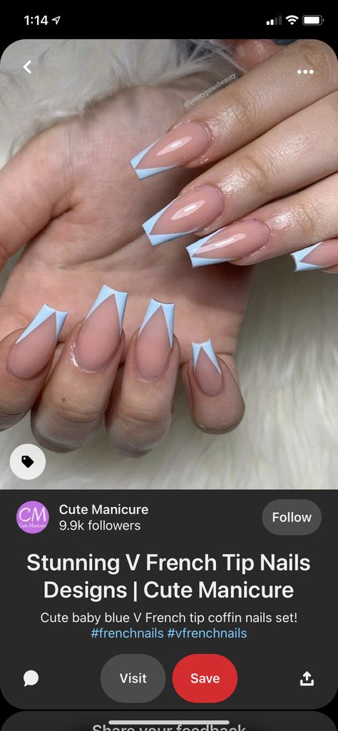 Blue Triangle French Tip Nails, Blue V French Tip Nails, Switzerland Nails, V Shaped French Tip Nails, V French Tip Nails, French Top, Spring Break Nails, Blue French Tips, French Tip Nail Designs