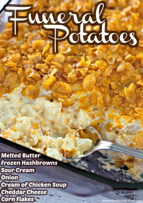 Looking for a delicious potato side dish that can be made quickly? This easy Funeral Potatoes recipe is perfect! Potatoes in a creamy sauce topped with buttery corn flakes cereal and then baked until hot and bubbly-- great for any occasion. Funnel Potatoes, Casserole Dinners, Dinner Suggestions, Best Thanksgiving Side Dishes, Thanksgiving Food Sides, Hashbrown Casserole, Potatoes Onions, Thanksgiving Cooking, Potato Recipes Side Dishes