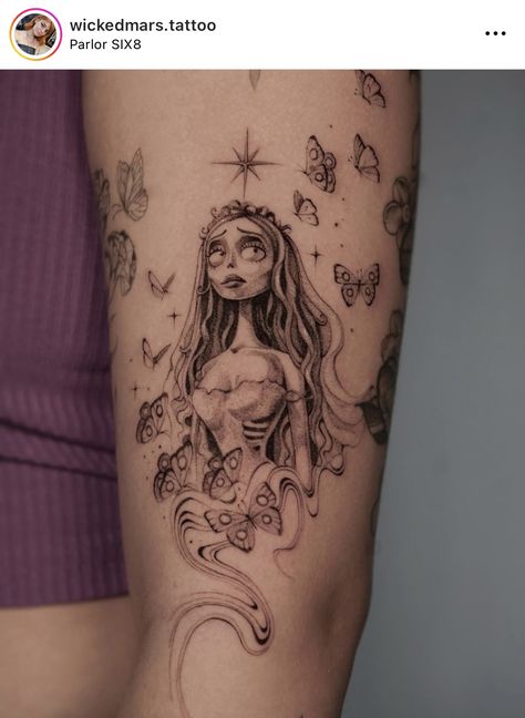 Girly Halloween Tattoos, Cb Tattoo, Bride Tattoo Ideas, Corpse Bride Tattoo Ideas, Dark Whimsical Aesthetic, Heartbeat Tattoo With Name, Corpse Bride Tattoo, Tatuaje Studio Ghibli, Gothic Quotes