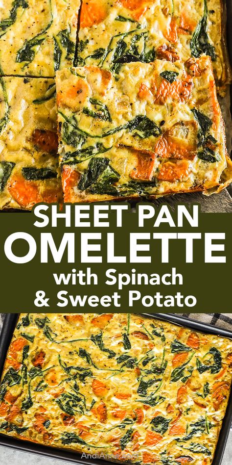 Sheet Pan Eggs are fast and easy to make. Perfect for meal planning as you can eat throughout the week or freeze the rest. See recipe to make this sheet pan sweet potato and spinach omelet. Sweet Potato Spinach Recipes, Spinach And Sweet Potato Recipes, High Protein Sheet Pan Eggs, Sweet Potato And Spinach Recipes, Spinach Recipes Breakfast, Sheet Pan Eggs In The Oven, Breakfast Sheet Pan Recipes, Sheet Pan Omelet, Sweet Potato Egg Bake