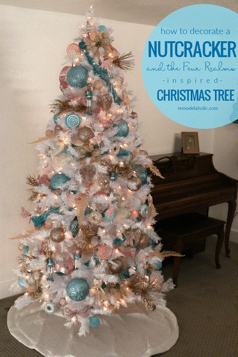 We found an affordable white Christmas tree and gave it a Nutcracker-inspired decorating theme featuring ballerinas, candy lollipops, miniature nutcrackers, and more in pastel blue, blush pink, and rose gold. See more of this Nutcracker and the Four Realms Christmas tree at Remodelaholic.com #remodelaholic #christmastree #christmasdecorating #nontraditionalChristmascolors #vintageChristmas Christmas Tree Decorations Themes, Gold Nutcracker, Pink Christmas Tree Decorations, Nutcracker And The Four Realms, Christmas Tutorial, Nutcracker Christmas Tree, Rose Gold Christmas Tree, Rose Gold Christmas Decorations, Candy Lollipops