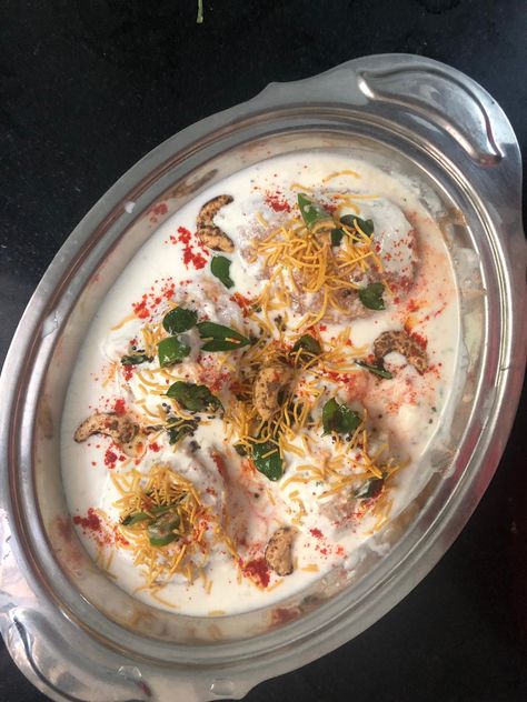 Dahi Vada with a twist India Street Food, Dahi Vada, India Street, Gram Flour, Coriander Leaves, Red Chilli, Curry Leaves, Chilli Powder, Chopped Onions