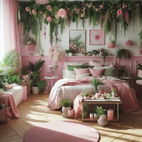 Pink and Green Bedroom Pink And Green Farmhouse Bedroom, Green Bedroom With Pink Accents, Pink Green Bedroom Ideas, Pink And Sage Decor, Pink And Green Bedding Aesthetic, Pink And Green Maximalist Bedroom, Pink Nature Bedroom, Green Pink Room Aesthetic, Pink House Aesthetic Interior