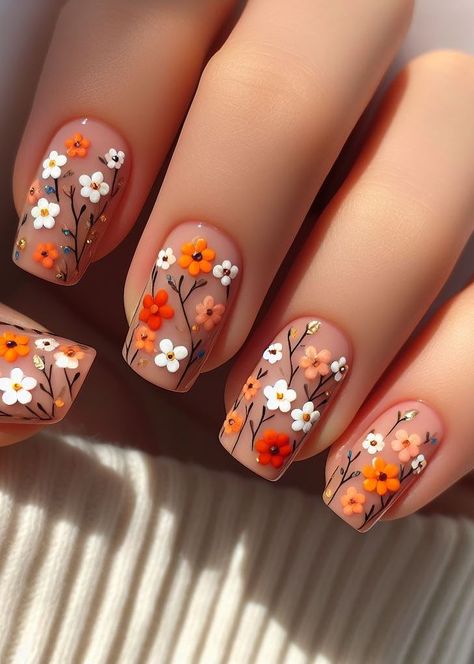 Cool Nail Designs For Short Nails, Wildflower Nail Art, Orange Floral Nails, Daisy Nail Designs, Green Vines, Floral Nail, Daisy Nails, Vibe Check, Floral Nail Art