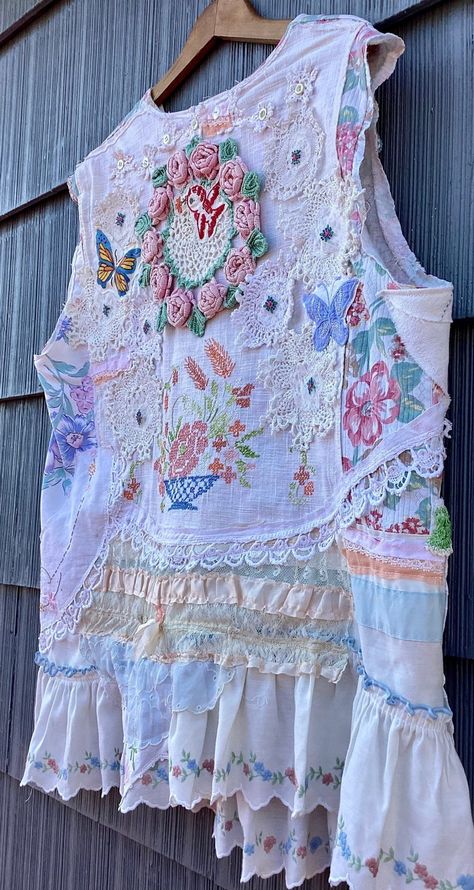 VINTAGE LINENS TREASURE Antique Embroidery and Crochet Primitive Wearable Fabric Collage Folk Art Couture Random Scraps & Material - Etsy Tmyers Handmade, Linens Closet, Granny Chic Fashion, Old Embroidery, Wearable Art Clothing, Clothing Upcycle, Shabby Chic Clothes, Antique Embroidery, Altered Couture