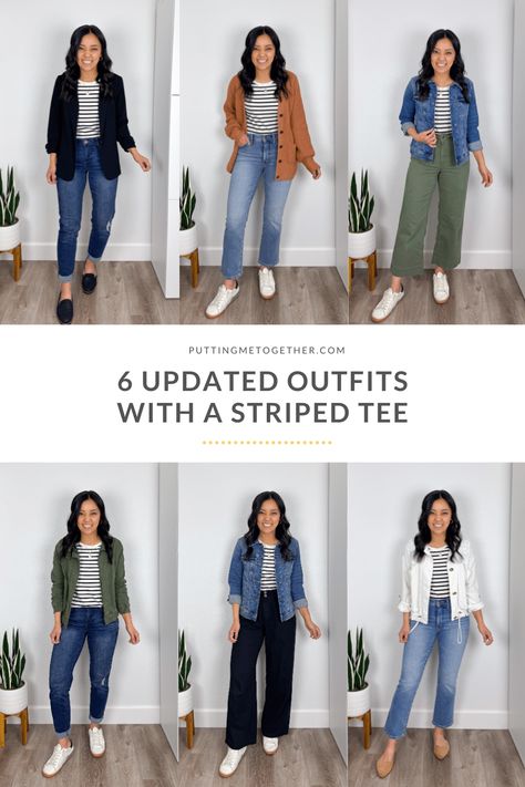 Updated Outfits With a Striped Tee Stripe Tee Outfit, Updated Outfits, Outfits With Striped Shirts, Full Closet, Capsule Wardrobe Casual, Wardrobe Sets, Stripe Outfits, Wardrobe Outfits, Smart Casual Outfit