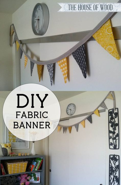 Make your own fabric bunting banner with this tutorial by Jen Woodhouse from The House of Wood. Easy, beginner DIY project to decorate your child's nursery! Diy Bunting Banner Fabric, Diy Flag Banner, Diy Fabric Banner, Fabric Banner Diy, Diy Fabric Bunting, Diy Bunting Banner, Homemade Banners, Classroom Bunting, Cloth Banner