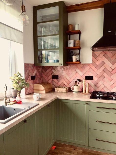 Green Kitchen Cabinets Pink Tiles, Green Kitchen With Pink Accents, Green Pink Wood Kitchen, Pink Backsplash Kitchen Green Cabinets, Green Kitchen With Pink Tiles, Blush And Sage Kitchen, Pink Green And Black Kitchen, Pink And Sage Green Kitchen, Pink And Sage Kitchen