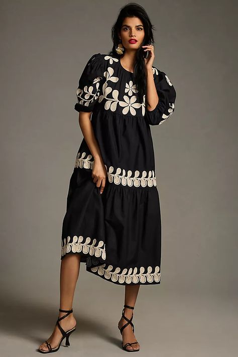 By Anthropologie Embroidered Puff-Sleeve Midi Dress | Anthropologie Clothes Embroidery, Embroidery Diy, Style Upgrade, Round Neck Dresses, Puffed Sleeves Dress, Anthropologie Dress, Anthropologie Dresses, Black Midi Dress, Embroidered Dress