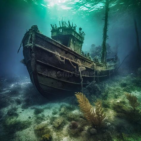 Shipwreck underwater close-up. Generative AI royalty free stock photos Ship Wreck Drawings, Shipwreck Drawing, Shipwreck Underwater, Shipwreck Art, Ship Underwater, Shipwreck Tattoo, Boat Underwater, Underwater Shipwreck, Underwater Ruins