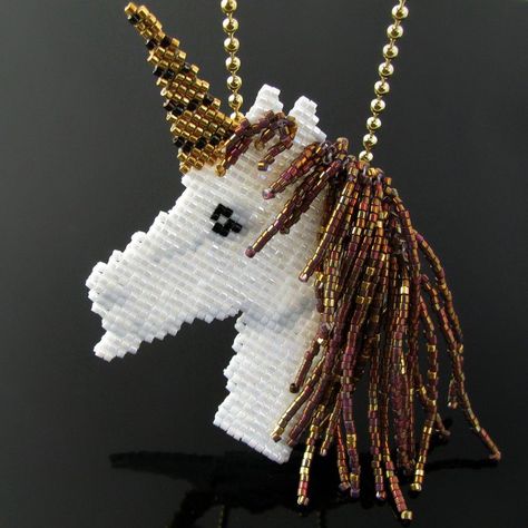 Bead loomed unicorn pendant by CatsWire on DeviantArt Unicorn Pendant, White Unicorn, Beading Jewelery, Brick Stitch Pattern, Bead Necklaces, The Horn, Doll Jewelry, Bead Loom, Beaded Animals