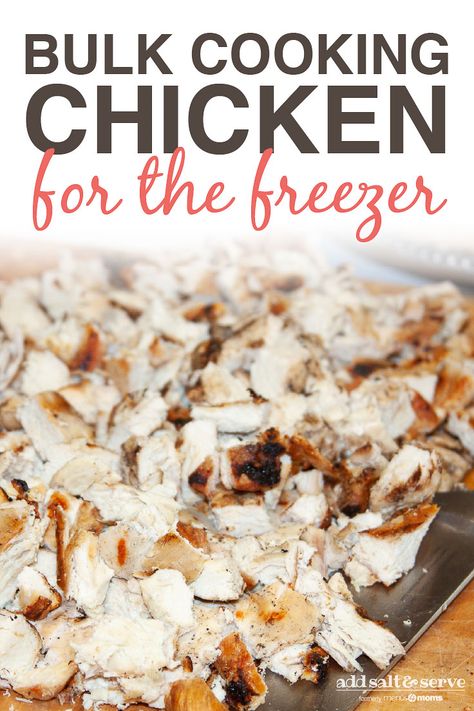 One of the basics of Add Salt & Serve menus is having food prep already done before dinner time. One way we accomplish this is by bulk cooking meat and freezing it in meal-sized portions. Here is a wonderful recipe for cooking chicken in bulk. Have grilled chicken for dinner the night you cook it, then chop and freeze the leftovers in dated freezer bags. #bulkcooking #addsaltandserve #chicken #freezercooking Freeze Cooked Chicken, Chicken Marinates, Cooking In Bulk, Freezing Cooked Chicken, Freezing Chicken, Chicken Entree, Chicken For Dinner, Frozen Chicken Recipes, Bulk Cooking