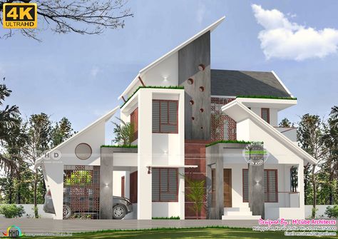 Slanting roof style small budget double storied house Slant Roof House, Double Story House, Living Hall, Porch Sitting, House Roof Design, Architect Design House, Farm Design, Bungalow House Design, House Elevation