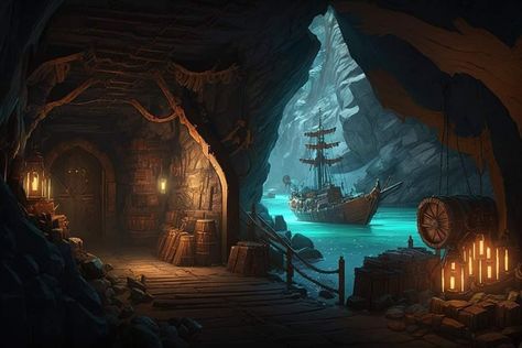 Pirate Cove Art, Pirate Cove Concept Art, Pirate Cabin Concept Art, Pirate Hideout Concept Art, Dnd Ship Art, Pirate Island Aesthetic, Pirate Island Concept Art, Pirate Concept Art, Pirate Castle