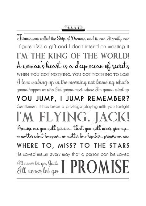 Titanic Movie Quotes, Titanic Tattoo, Titanic Quotes, Nursery Wall Art Quotes, Movie Quote Prints, Ship Design, Young Leonardo Dicaprio, Titanic Movie, Picture Poster