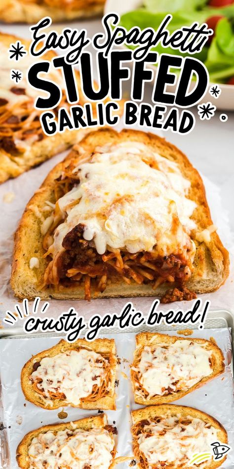 Spaghetti Stuffed Garlic Bread Spaghetti Stuffed Garlic Bread Recipe, Spaghetti Stuffed Garlic Bread, Garlic Bread Spaghetti, Crispy Garlic Bread, Spaghetti Bread, Spaghetti And Meat Sauce, Stuffed Garlic Bread, Frozen Garlic Bread, Traditional Pasta