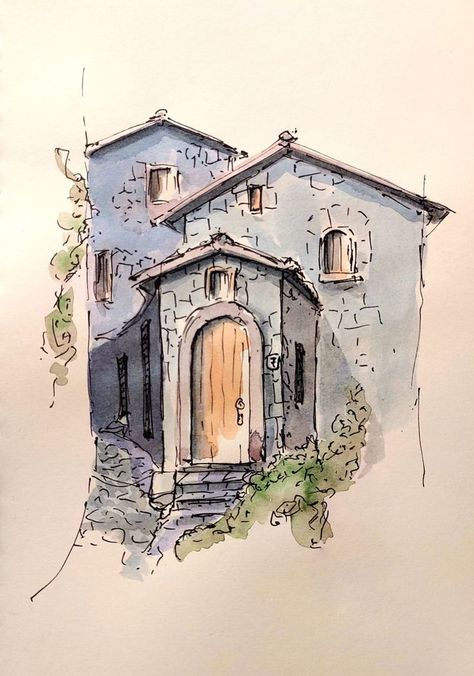 House Sketch Watercolor, Village Drawing Landscapes Watercolor, Watercolor Art Village, Italy Sketches Easy, Easy Urban Sketching, Italian Sketches Drawings, Italy Drawing Easy, Urban Sketching Beginner Easy, Urban Sketching Beginner