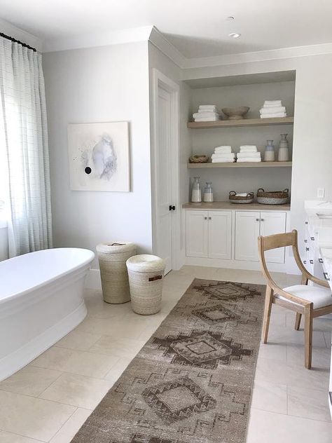 Taupe Floor, Ivory Bathroom, Taupe Flooring, Floor Tile Bathroom, Grey Bathroom Floor, White Vanity Mirror, Taupe Bathroom, White Linen Cabinet, White Bathroom Ideas