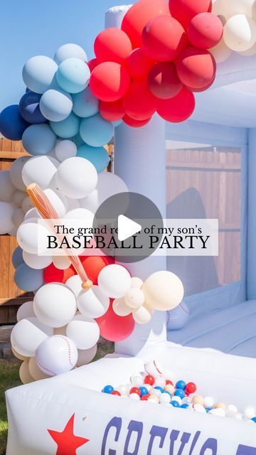 Sierra Miller | Content Creator on Instagram: "Grey’s baseball party was a home run! ⚾️ Here’s how all the details turned out! More to come🫶🏻 

Bounce house, table, chairs, treat wall: @dfwconfettibounce 
Treat cart: @sanlenyballoons 
DIY balloon kit: @chercandoit 
Custom banner: @prettiestpartygirl 
Party ware: @orientaltrading 
Photographer: @thejavamama 
.
.
.
.
.
.
#baseballparty #baseballbirthday #baseballbirthdayparty #fortworthinfluencer #dfwbouncehouse #partysetup #partydecor #partydecorations #rookieyear #baseballcake #boysparty #boyspartyideas" Treat Cart, Treat Wall, Georgie Porgie, Baseball Cake, Baseball Birthday Party, Party Setup, Diy Balloon, Custom Banner, Balloon Kit