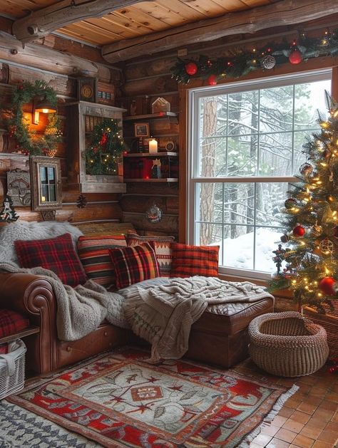 Cozy Christmas Living Room, Farmhouse Living Room Decor Ideas, Cabin Christmas, Cosy Christmas, Christmas Interiors, Christmas Decorations Living Room, Christmas Decorations Bedroom, Christmas Living Rooms, Christmas Bedroom