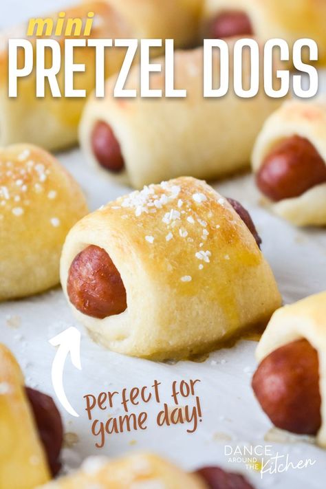 These Mini Pretzel Dogs are the perfect for game day appetizers, after school snacks and quick ‘n easy lunches! #LittleSmokies #SuperBowlFood #Appetizers #AfterSchoolSnacks Pretzel Dogs Easy Pizza Dough, Easy Pretzel Dogs, Small Hot Dog Appetizers, Mini Weiner Appetizers, Game Day Appetizers Easy Finger Foods, Pretzel Dogs Easy, Mini Pretzel Dogs, Pretzel Dogs Recipe, Easy Game Day Food