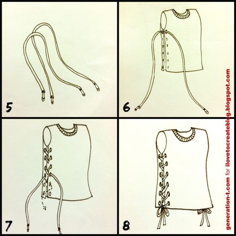 No Sew lace up tank - easy to make t shirts that are too big fit.  OuterLace steps 5678 generation-t.com No Sew Alterations Easy Diy, Diy Cut Shirts Step By Step, Diy Shirts No Sew, Diy Lace Up Shirt, Alt Diys, Shirt Weaving, Alt Diy, Diy Goth Clothes, Tshirt Upcycle