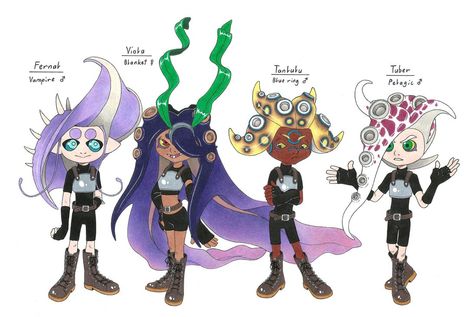 Splatoon OC Team 3 by Megaloceros-Urhirsch Splatoon Vampire Squid, Splatoon Shark Oc, Splatoon Jellyfish Oc, Splatoon Hair Ideas, Splatoon Species, Splatoon Idol Oc, Inkling Oc, Splatoon Hairstyles, Blanket Octopus