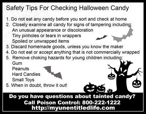 Halloween Safety Tips for checking halloween candy Halloween Safety Activities, Halloween Party Reminder, Halloween Candy Scavenger Hunt, Halloween Candy Signs Printable, Halloween Safety Tips For Kids, Halloween Safety Tips, Creepy Food, Halloween Safety, Halloween Themed Food