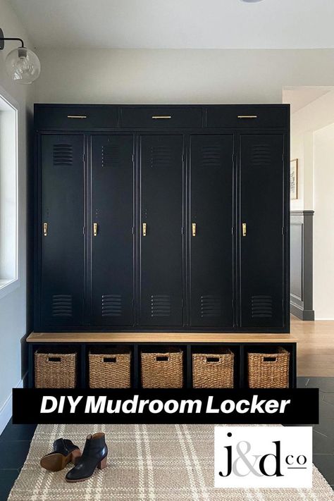 Black built-in mudroom lockers Garage Lockers, Entry Way Lockers, Built In Lockers, Diy Locker, Vintage Lockers, Home Lockers, Mudroom Lockers, Joinery Design, Rustic Bathroom Vanities