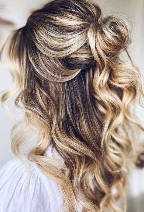 half up half down hairstyle, wedding half up half down hairstyle, boho half up, bridal hairstyle, bridal half up half down, wedding hair down, half up half down bridal hairstyle Relaxed Half Up Wedding Hair, Fall Bridal Hair, Bridal Half Up Half Down, Makeup Soft Glam, Bridal Hair Half Up Half Down, Loose Bun, Bridesmaid Hair Inspo, Bridal Hair Half Up, Hair Education