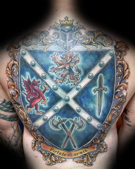 Scotland Tattoo Ideas, Shield Tattoo Design, Back Piece Tattoo Men, Clan Tattoo, Men Armor, Scotland Tattoo, Scottish Tattoo, Welsh History, Scottish Tattoos