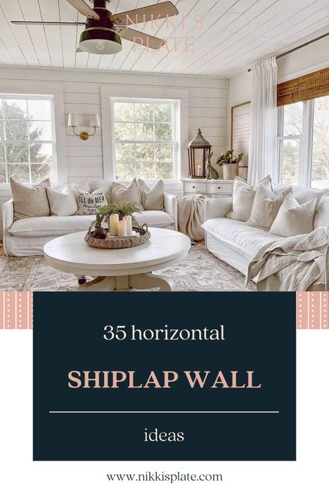 35 Horizontal Shiplap Wall Ideas; The shiplap is a board mounted horizontally with exposed tongue to give the impression of a single wide plank. Here are 35 shiplap accent wall ideas for a modern farmhouse home. Shiplap Rooms Ideas, Shiplap Wall Around Window, Horizontal Shiplap Wall Living Room, Best Colors For Shiplap Walls, Living Room Paint Color Ideas With Shiplap Wall, Large Shiplap Wall Living Room, Sunroom With Shiplap Walls, Beadboard Ceiling With Shiplap Walls, Decorating With Shiplap Walls