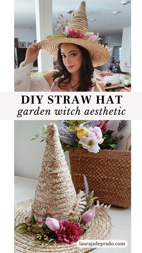 easy-to-make Cottagecore straw witch hat for a whimsical touch at renaissance festivals, picnics, and more Festival Witch Outfit, Diy Wicker Witch Hat, Diy Straw Witch Hat, Ren Faire Witch Accessories, Homemade Witch Hat, Wicker Witch Hat, Cottage Core Witch Hat, Ren Faire Hats, Summer Witch Hat