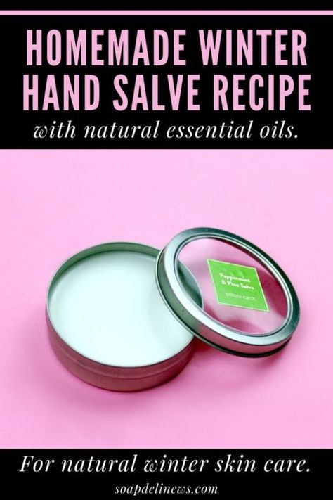 Hand Salve Recipe for Winter Skin Care with Natural Essential Oils & Beeswax. Learn how to protect, hydrate and soothe dry hands with this simple, homemade winter hand salve recipe. It's made beeswax, coconut oil and natural peppermint and pine essential oils. These ingredients then all come together to create a natural product that's perfect for your winter skin care routine. Dry Hands Remedy, Lotion Bars Recipe, Essential Oil Skin Care, Winter Skin Care Routine, Pine Essential Oil, Salve Recipes, Hand Salve, Lotion Recipe, Natural Beauty Recipes