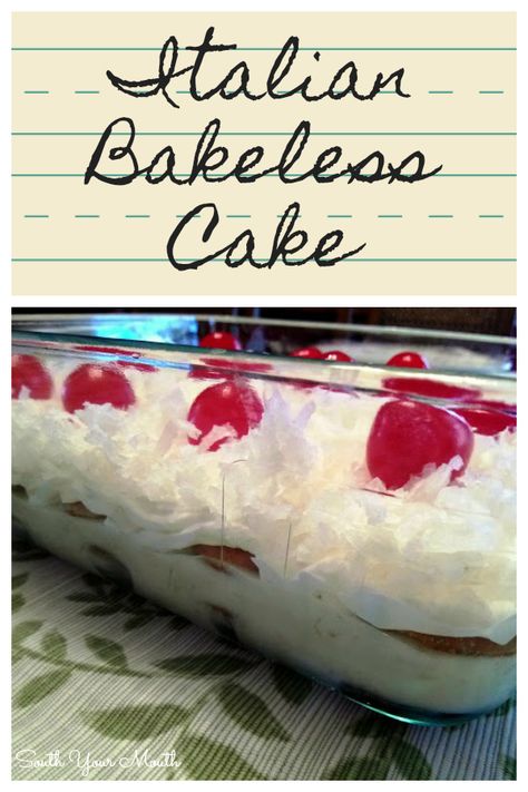 Italian Bakeless Cake | A layered dessert with sweetened condensed milk, lemon juice, pineapple, vanilla wafers, cool whip, coconut and cherries. Dessert With Sweetened Condensed Milk, Vanilla Wafer Dessert, Chocolate Layer Dessert, Berry Cheesecake Recipes, Icebox Desserts, Cool Whip Desserts, Layered Dessert, Patriotic Desserts, Dessert Simple