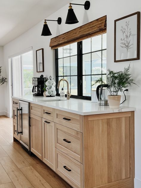 Hickory Cabinets Flooring, Oak Black Kitchen, Kitchen Cabinets With Wood Floors, White Oak And Black Kitchen, White Black And Wood Kitchen, Lynette Yoder, New Build Kitchen, Masculine Kitchen, Modern Home Tour