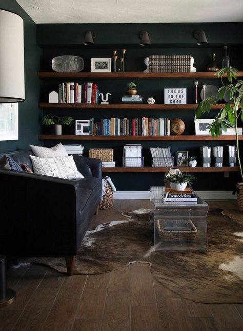 Love the wall of shelves and the styling--Our New Modern Chesterfield Black Leather Sofa | Chris Loves Julia Black Leather Chesterfield Sofa, Best Leather Sofa, Modern Sofa Couch, Black Leather Sofas, Chris Loves Julia, Mid Century Modern Sofa, Black Sofa, A Living Room, Home Office Design